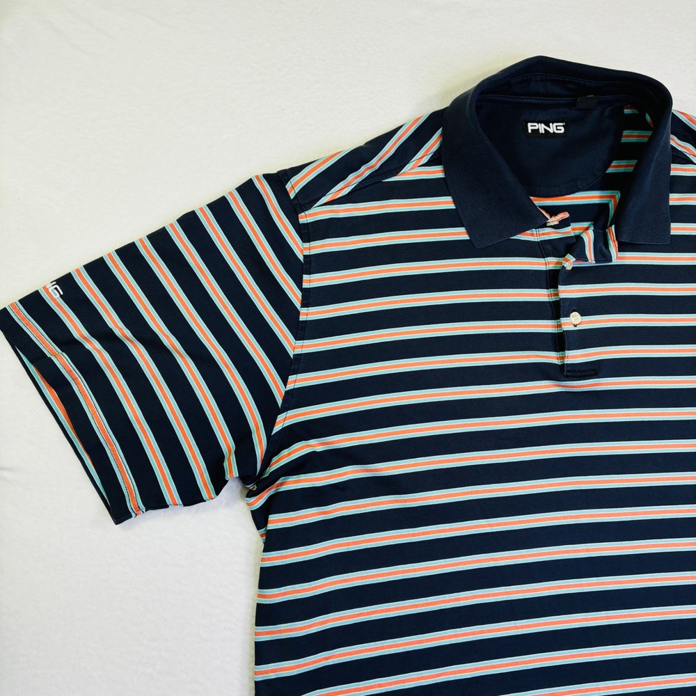Ping Golf Polo Shirt Mens XL Navy Blue Orange Striped Short Sleeve Performance - Picture 5 of 9